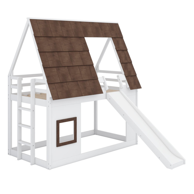 Lit superposé en bois avec toit, échelle et glissade Wood House