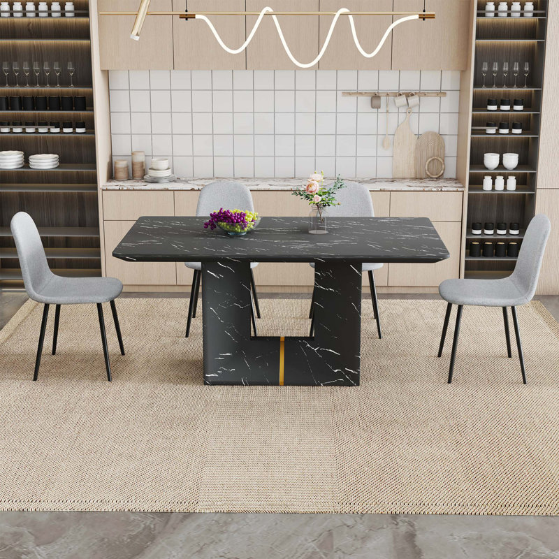 Ensemble de table et de chaises, ensemble de table de salle à manger en panneau de fibres à densité moyenne à motif de marbre - avec 4 chaises en tissu de lin, assise et dossier intégrés, matériau en lin et coton