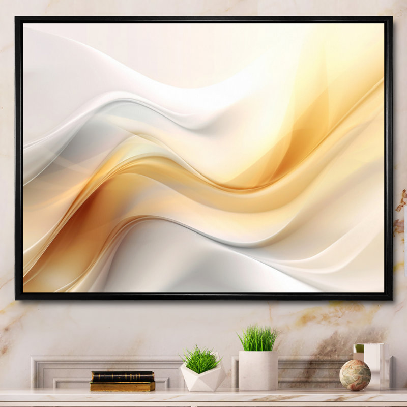Or et blanc Fractal Tsunami V, H 24 po x l 32 po x P 1 po, Cadre flottant noir