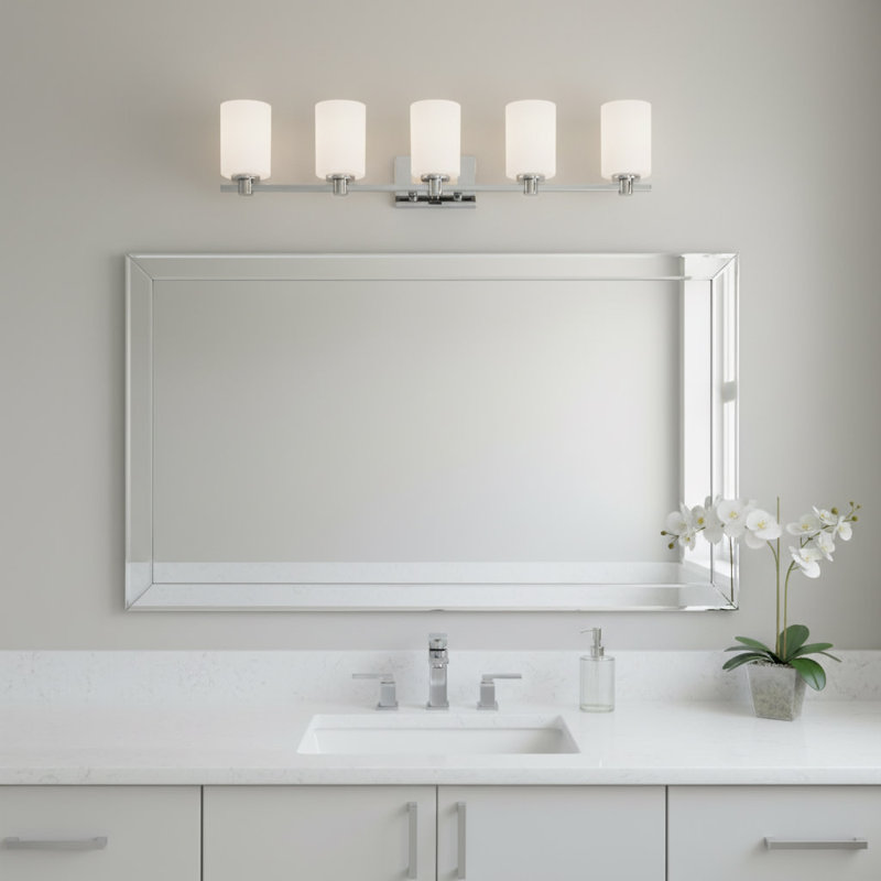 Karlie 5-Light Bath Vanity Fixture with Etched Cylindrical Shades, Chrome/Opal