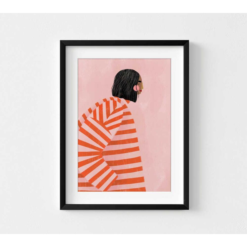 Pull rayé - impression d'art moderne minimaliste, Impression encadrée avec passe-partout, Noir, H 16 po x l 12 po