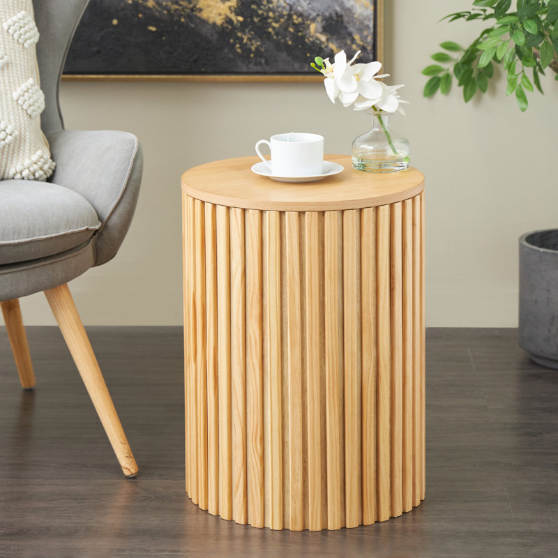 Cole And Grey Wood Handmade Ribbed Side End Accent Table With Slatted Base, Brown