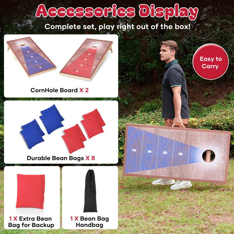 Jeu de Cornhole portable de 120 x 60 cm avec 8 sacs de sable et sac de transport, planches double couche en pin massif, impression UV, idéal pour jouer en famille dans le jardin, à la plage ou en camping.