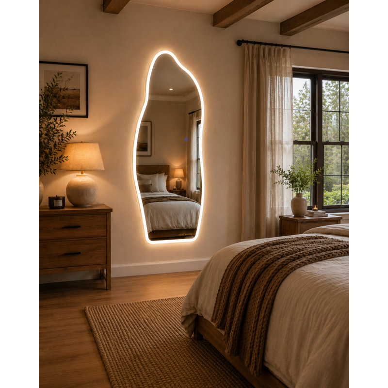 Miroir mural pleine longueur 65 po x 25 po à DEL, miroir de forme irrégulière en verre trempé de forme organique avec éclairage réglable, miroir décoratif moderne pour vestibule de chambre à coucher