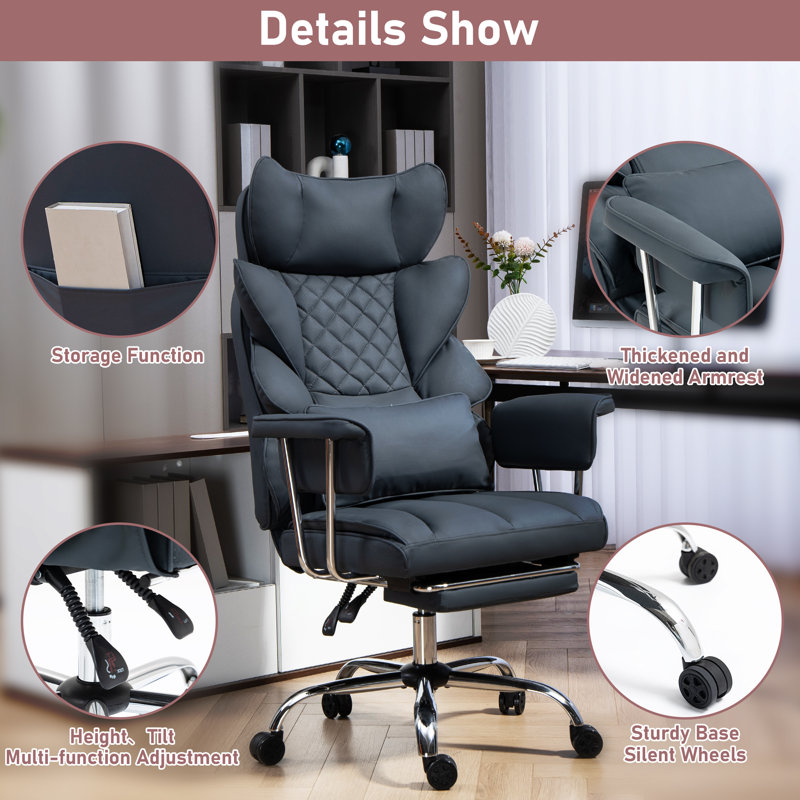 Premium Ergonomic Gaming & Office Chair - Pocket Spring Lumbar Support, Wide Seat, Fixed Soft Armrests, Footrest Included (PU Leather)