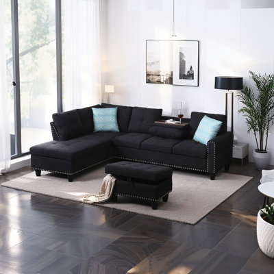 98" L-Shaped Sectional Sofa With Storage Ottoman,Modern Linen 4-Seat Couch With 2 Built-In Cup Holders,Nailhead Trim,And 2 Toss Pillows