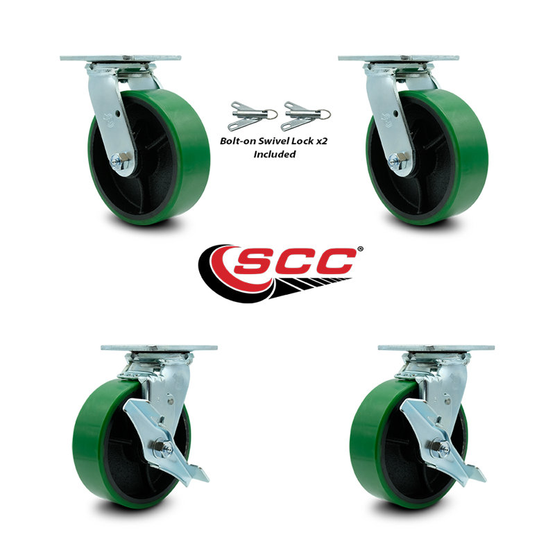 6 Inch Green Poly on Steel Caster Set with Roller Bearings 2 Swivel Lock 2 Brake/SCC-30CS620-PUR-GB-BSL-2-TLB-2