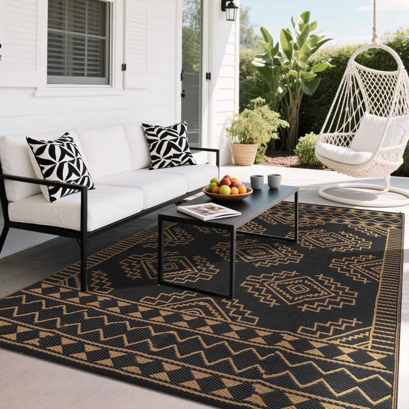 Grand tapis d'extérieur - Tapis de patio en paille imperméable réversible en plastique, tapis de camping et de camping-car pliable avec piquets, géométrique moderne