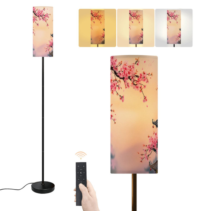 Lampe sur pied avec branches d'arbre de cerisier, architecture traditionnelle asiatique, lampe sur pied moderne à intensité variable avec télécommande, pédale, abat-jour, abat-jour haut, lampe de coin pour le salon, la chambre et le bureau