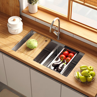 Évier de cuisine 33 x 19 en acier inoxydable avec accessoires, poste de travail à double cuve de calibre 18, argent