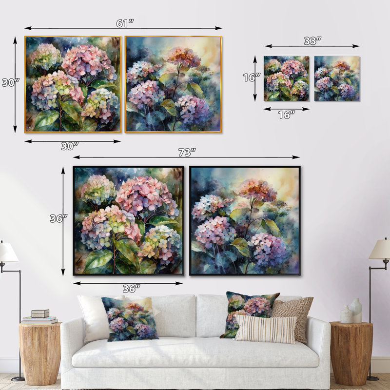 Hydreangea mauve / vert - ensemble de 2 hortensias floraux carrés, Cadre flottant noir, H 16 po x l 33 po