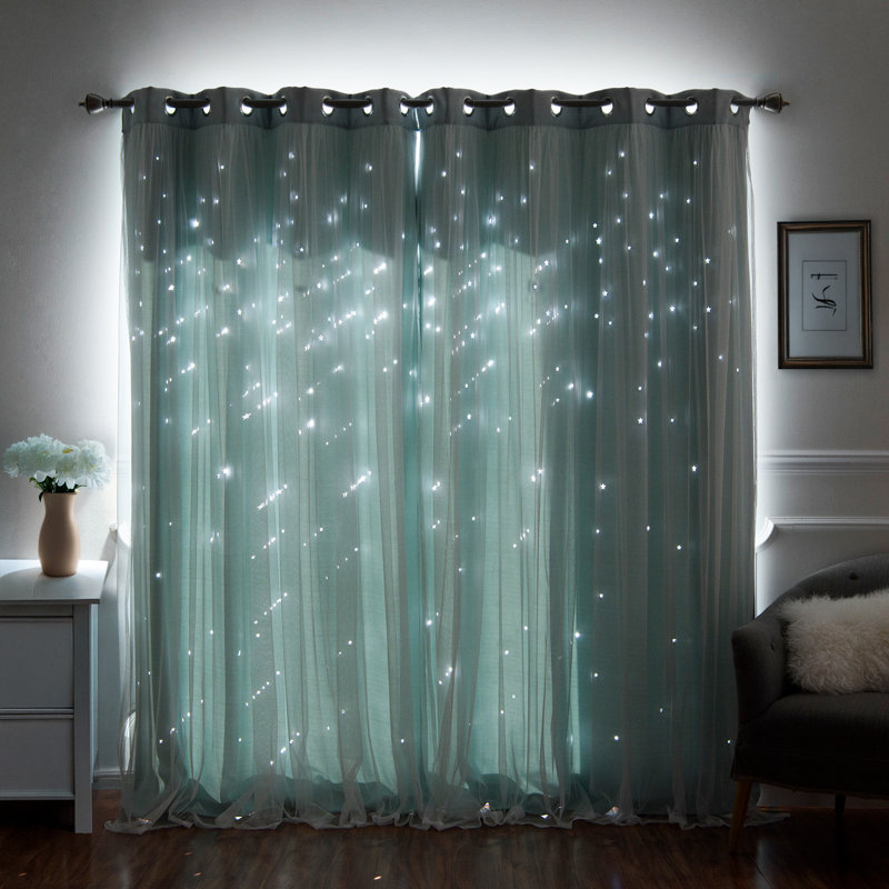 Jenifer Tulle Overlay Star Cutout Solid Room-Darkening Grommet Curtain Panels, 52" W x 84" L, Mint