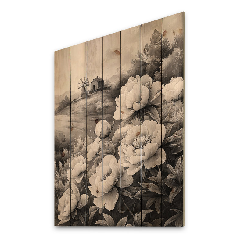 Pivoines monochromes et moulin à vent I - Décoration murale en bois de pivoines - sur bois de pin naturel