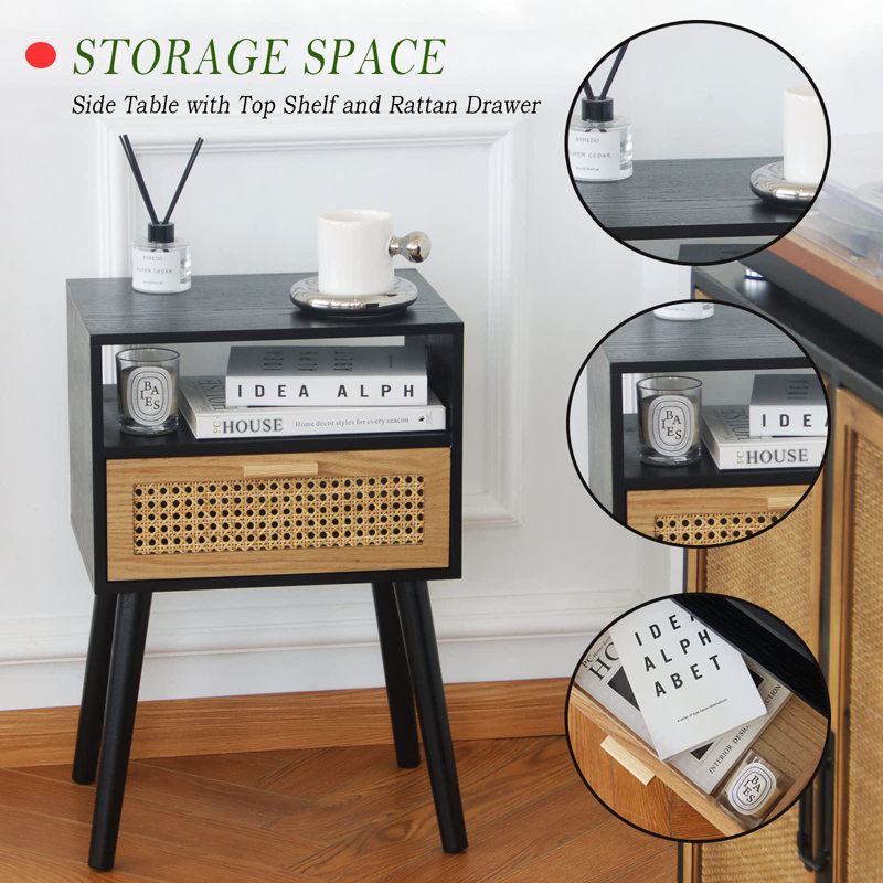 Mid Century Modern Nightstand - Small Bedside Table With Rattan Drawer - Wood End Table With Open Shelf For Small Spaces