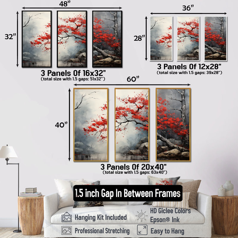 Fiery Red Maple Tree II - ensemble d'art mural sur toile érable, H 32 po x l 48 po, Cadre flottant noir