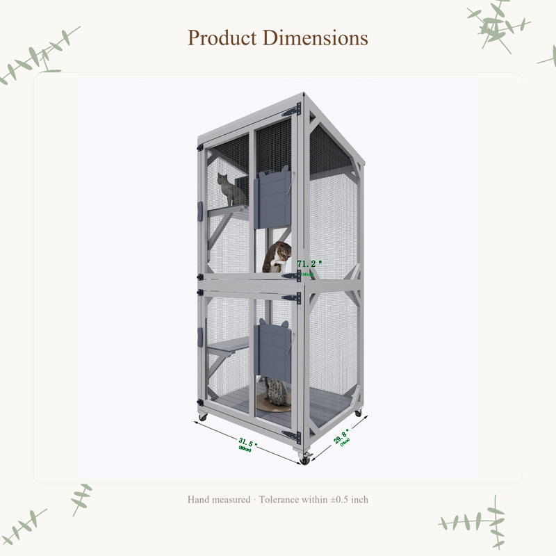 71.2" Tall Outdoor Cat Enclosure Catio with Wheels, Wooden Cat Cage, Multi-Level Cat House with Platforms, Lockable Doors & Removable PVC Mat