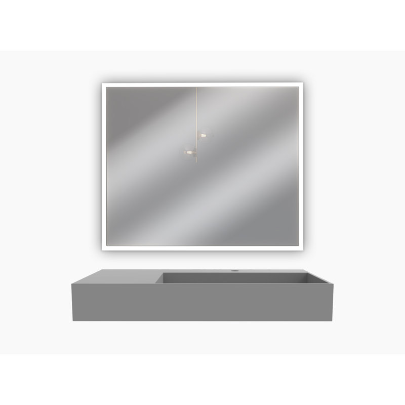 Juniper 36" Solid Surface Wall Mount Modern Minimalist Right Basin Bathroom Sink and LED Mirror Set, Gray