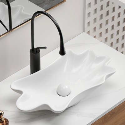 White Above Counter Bathroom Vessel Sink 24In*13In, 3D Design, Smooth Surface, Yellowing Prevention Shell Shape Spa - Style Look, Non Porous Stain