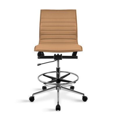 Modern Drafting Chair | Upholstered PU Leather Ribbed Armless Mid Back with Tall Adjustable Base & Leg Rest | Tilt Lock, Swivel | Computer, Home, Executive, Conference, Meetings 
