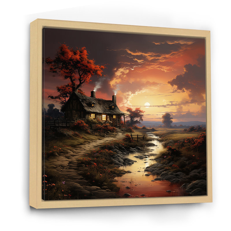 Cottage Sunset Sanctuary 1 - paysage, art mural sur toile, H 30 po x l 30 po x P 1,5 po, Cadre flottant brun
