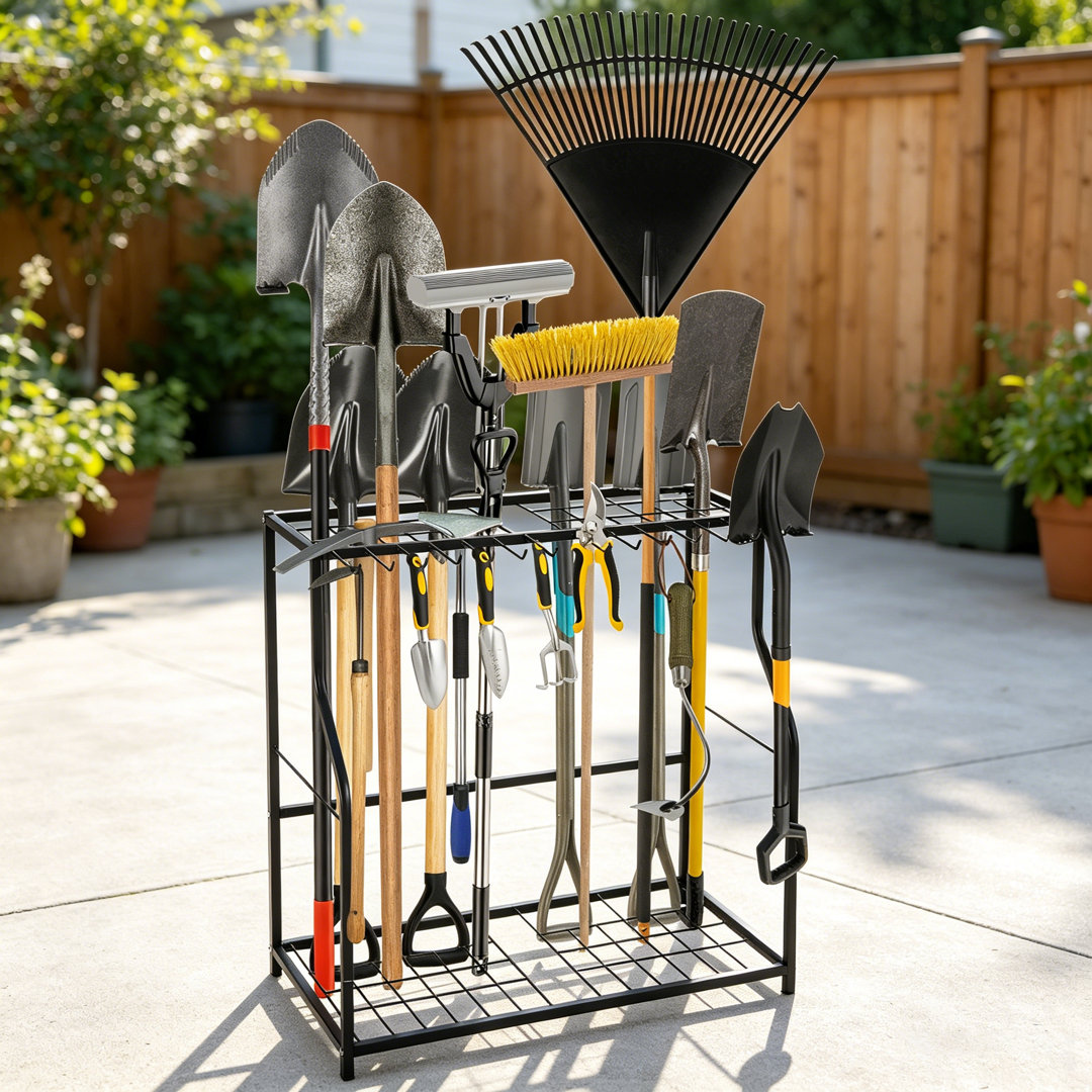 Garden Tool Organizer Rack,Metal Yard Tool Rack with 2 Shelves&14 Hooks,Holds 43 Long-Handled Tools, Rakes, Shovels & Brooms for Yard Shed and Lawn