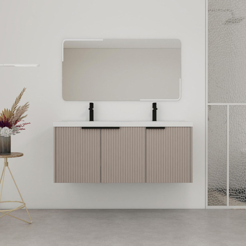 48" Wall Mounted Bathroom Vanity with Resin Double Sink & 3 Soft-Close Doors, Khaki/Black