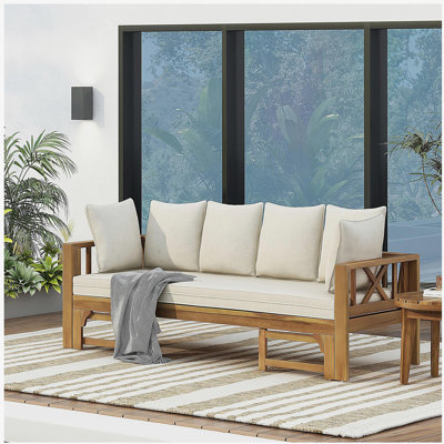 Canapé d'extérieur extensible en bois d'acacia à 3 places, canapé rembourré, méridienne, méridienne spacieuse et méridienne de patio