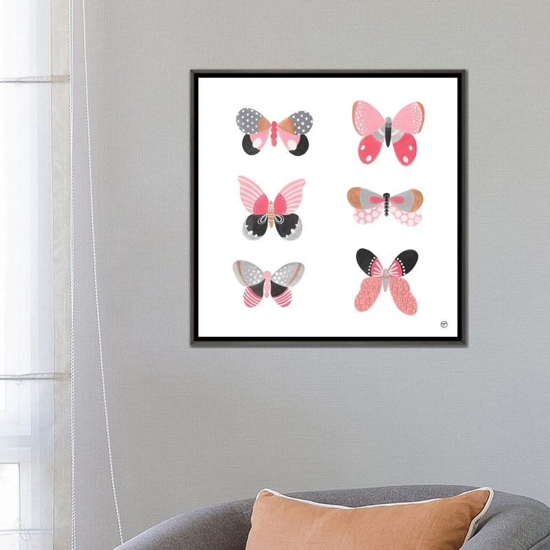 6 papillons art, Toile encadrée de bois rustique foncé, H 26 po x l 26 po x P 1,5 po