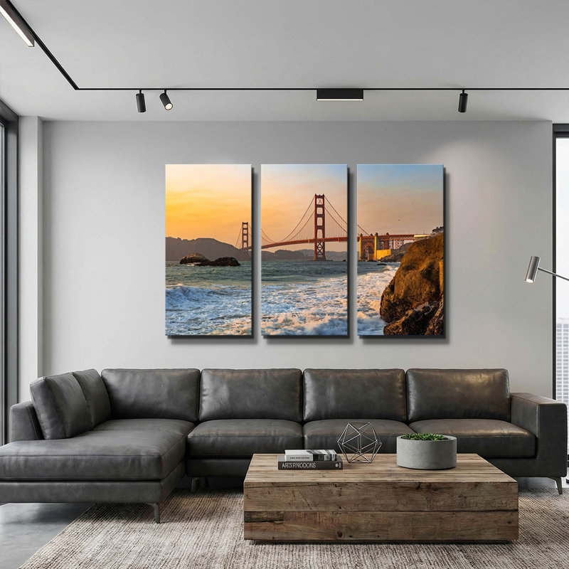 « Coucher de soleil sur le pont Golden Gate » par AKG, triptyque mural, 152 x 102 cm, 60 po x 40 po