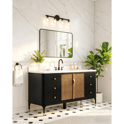 Meuble-lavabo autoportant en bois massif de style Mid-Century 60 po avec comptoir en marbre 60 po