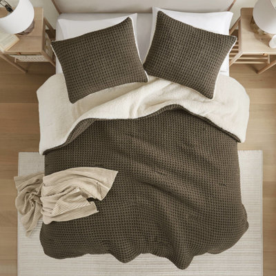 Édredon très grand en chenille tricoté brun gaufré - 100%, 2 taies décoratives assorties, lavable à la machine, couleur intérieure, dossier douillet