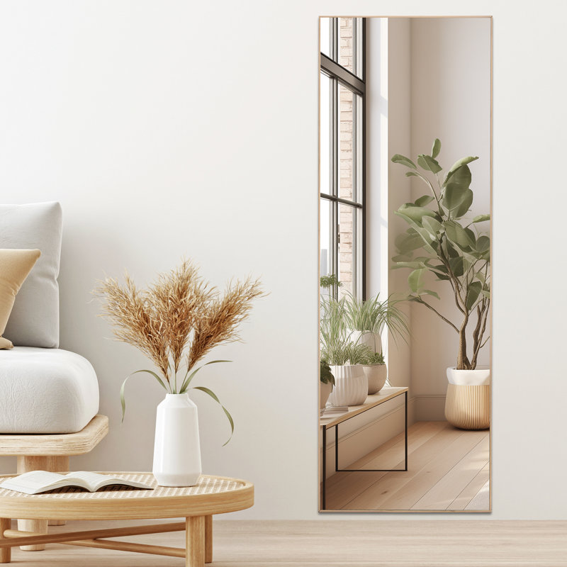 Adylynn Solid Wood Rectangle Mirror, 60" x 17", Oak Wood