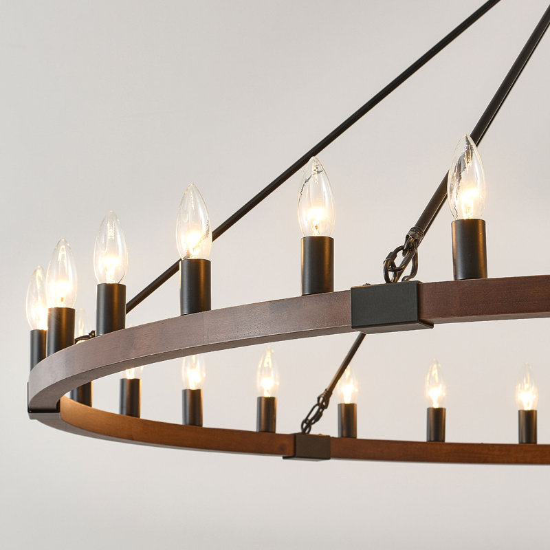 Lustre en roue de chariot 12 lumières 32 "en bois et noir mat pour salle à manger et îlot de cuisine
