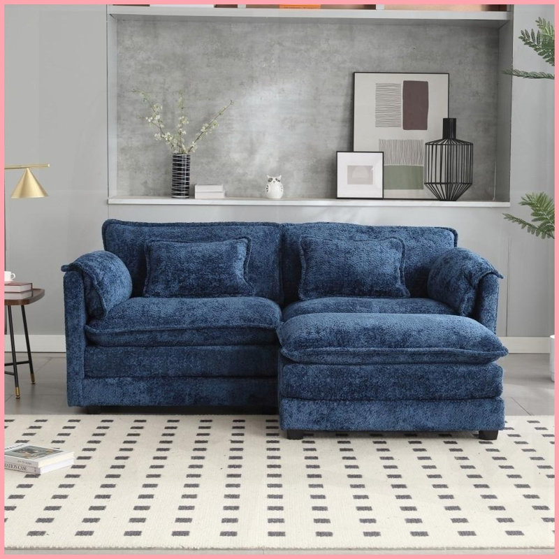 Canapé double moderne en chenille avec repose-pieds Poches latérales - sièges de salon moelleux, Marine