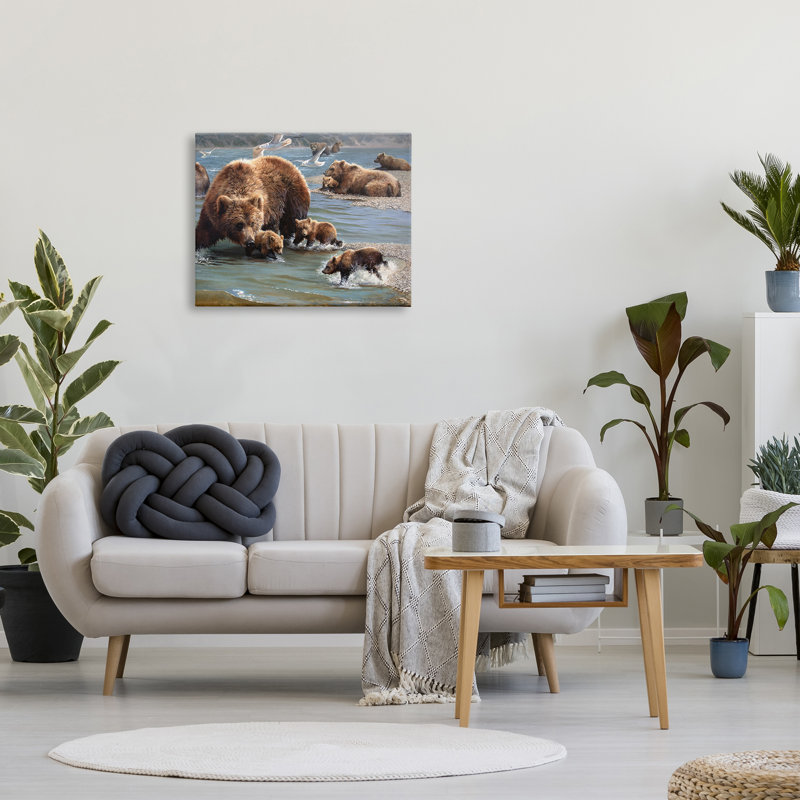 «Grizzly Bear Family pêche sur toile», H 24 po x l 30 po x P 1,5 po