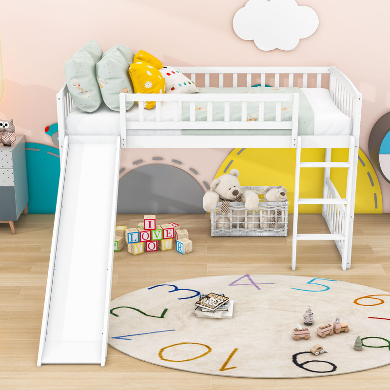 Enguerrand Twin Size Wood Loft Bed with Slide, White