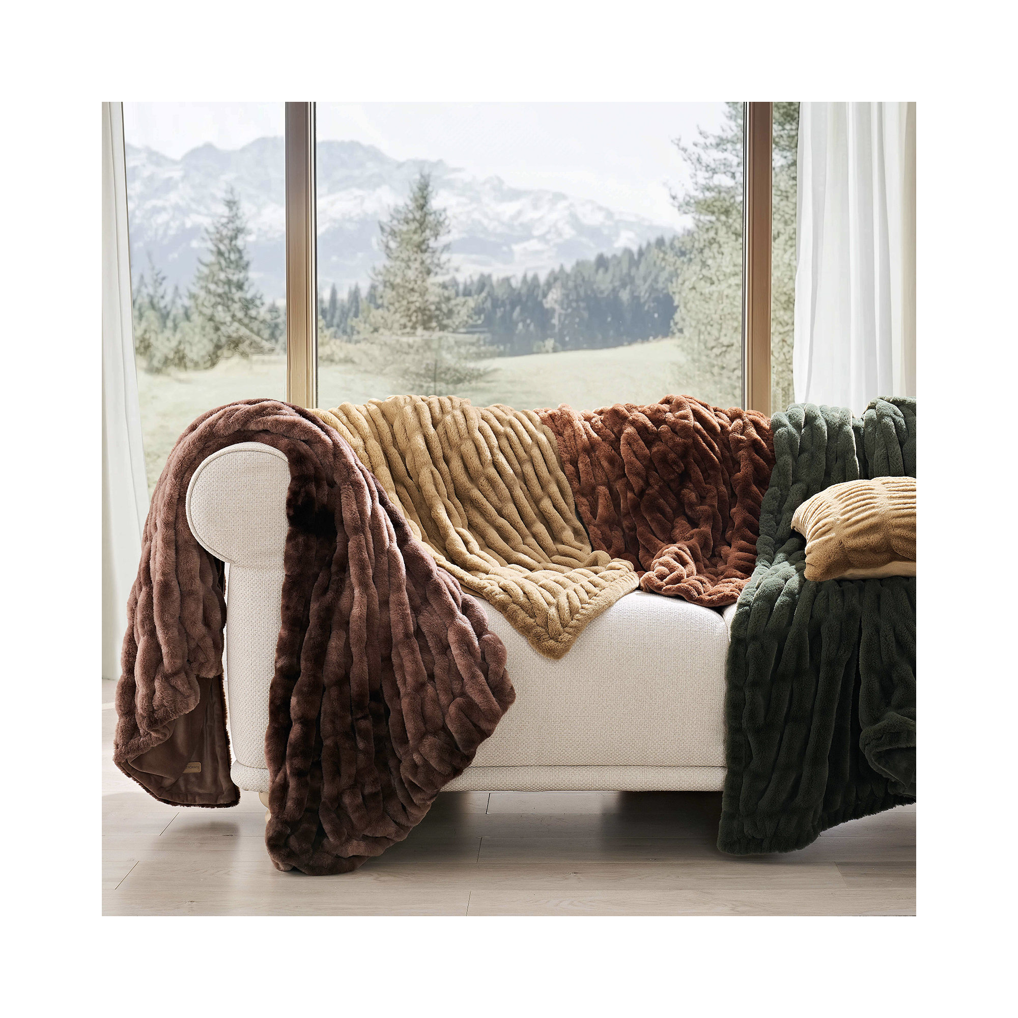 Ruched Bubble Faux Fur Throw Blanket, Clay, 60" W x 80" L