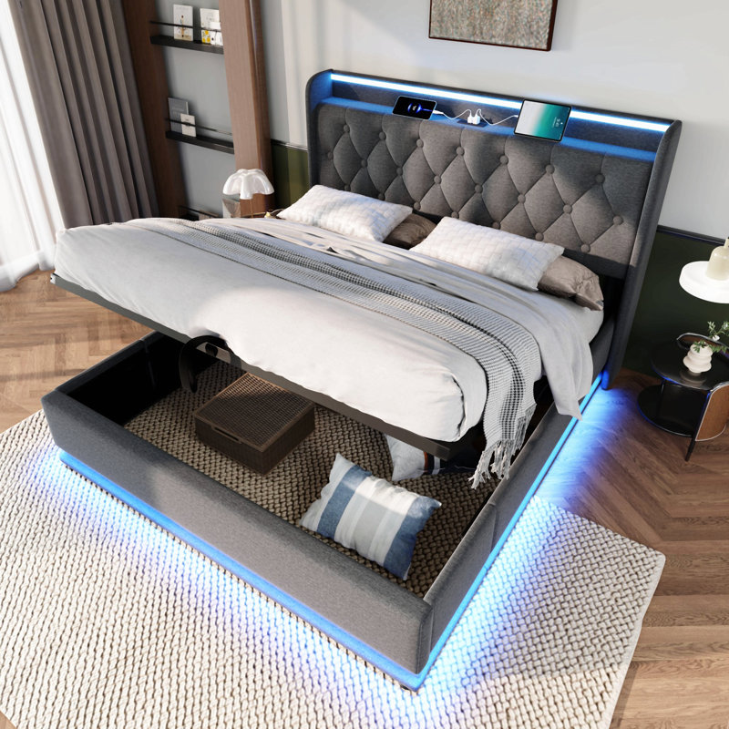 Lit rembourré, fonction à DEL à 360 degrés, boutons / applications / télécommande, lit de rangement hydraulique avec charge USB de type C