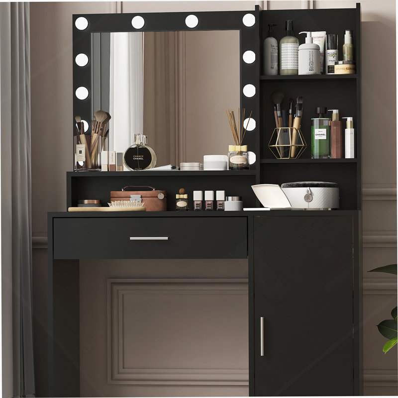 Bureau de coiffeuse avec miroir et éclairage réglable, commode de rangement à trois niveaux pour la routine de maquillage de la chambre à coucher organisée
