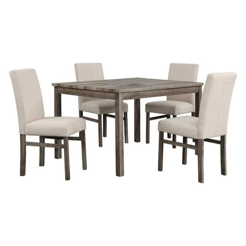 5 pièces de style transitionnel Mid-Century avec table rectangulaire en bois de 48 po et 4 chaises rembourrées en mélange de lin, finition vieillie: conception en chêne pour une atmosphère détendue