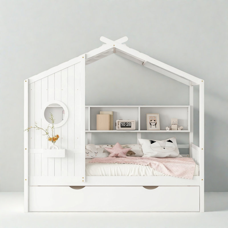Lit de style maison avec lit gigogne et tablettes, lit de jour avec toit, Simple, Blanc