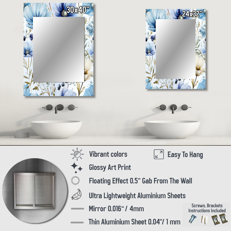 Wilcoxen Blue Serene Watercolor Floral Canvas - Floral Wall Mirror, Floral Decorative Mirror, Printed Metal Art, 32" x 24"