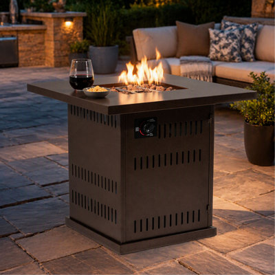 Foyer de table carré en acier au propane de 28 pouces, brûleur à gaz 50 000 BTU, finition brune pour patio, terrasse et cour