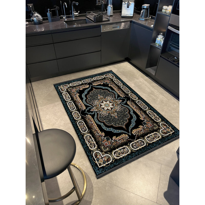 Tapis décoratif rétro multicolore à motif noir, Rectangle 3 pi 11,24 po x 5 pi 10,87 po