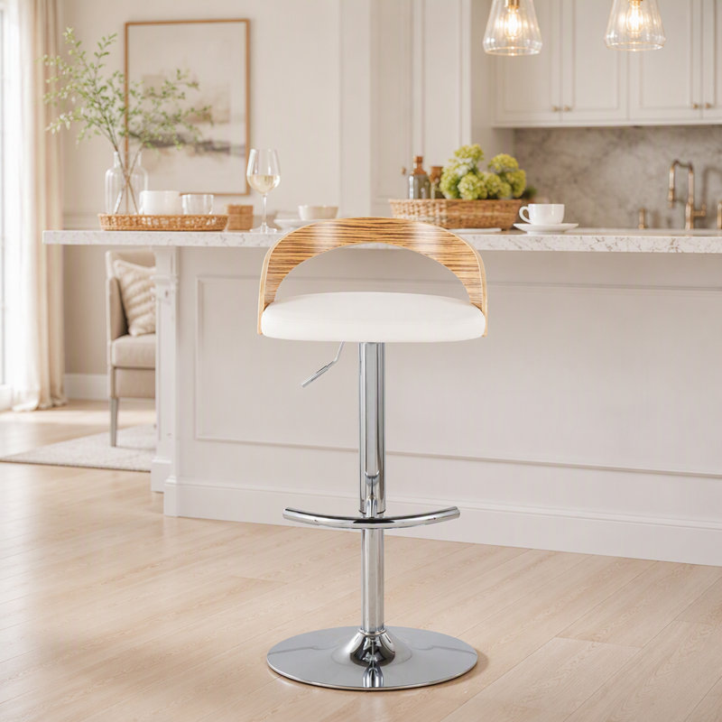 Tabouret de bar réglable avec pivot en métal chromé, bois de zèbre et similicuir blanc avec repose-pieds arrondi en T - ensemble de 3