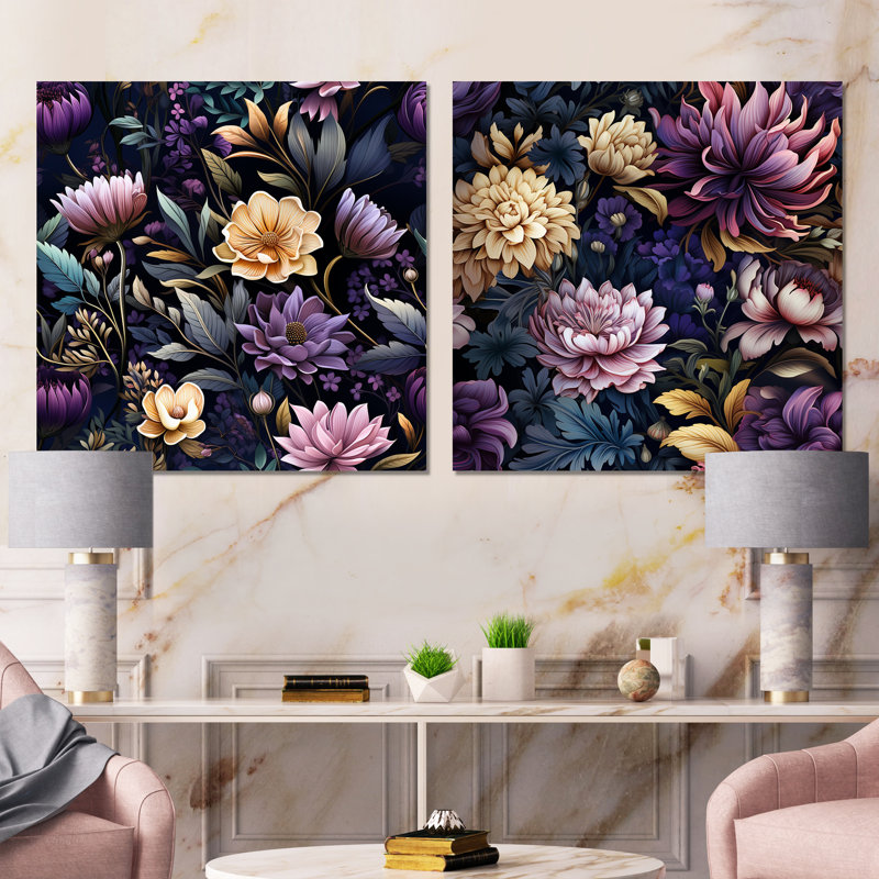 Gonesse - Ensemble de 2 impressions murales florales, Toile tendue, H 16 po x l 33 po x P 1 po
