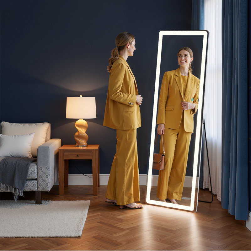 Mirror Full Length Standing Mirror With LED Lights, Lighted Floor Mirror With Stand And Dimming, 60" x 16"