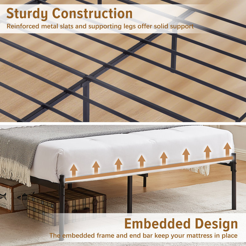 Metal Bed Frame with Headboard Heavy Duty Strong Steel Slat Support Platform Full Size Bed No Box Spring Needed, Easy Assembly, Black