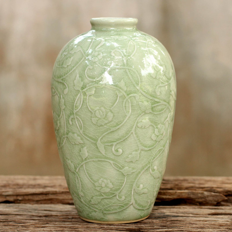 NOVICA Handmade Wildflower Celadon Ceramic Vase