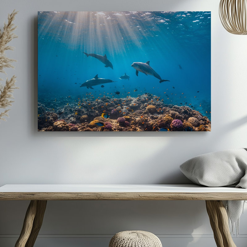 Toile, une scène sous-marine vibrante avec des dauphins ludiques nageant gracieusement à travers un art de l'océan